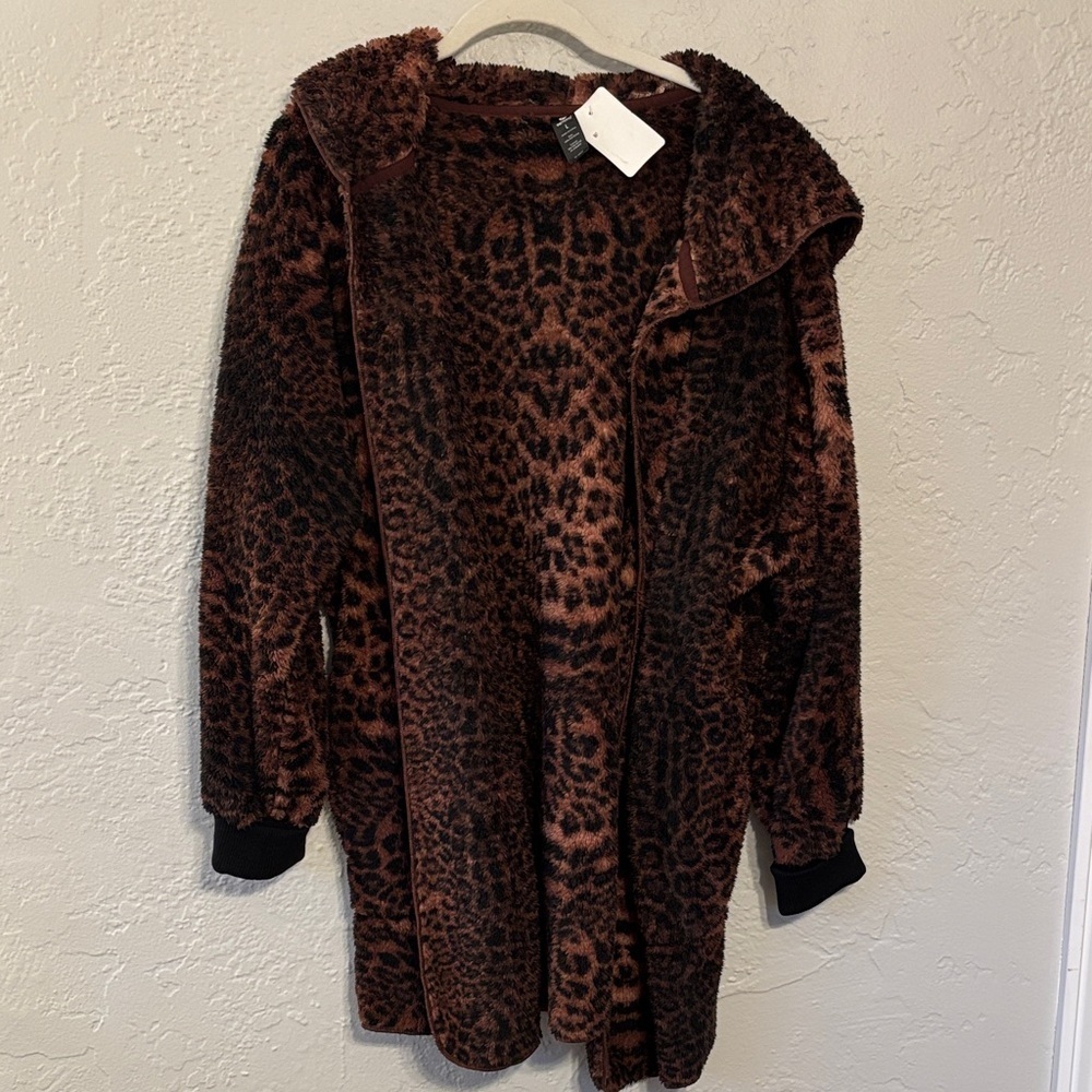 NWOT 90 Degree By Reflex Brown Leopard Hooded Teddy Jacket L